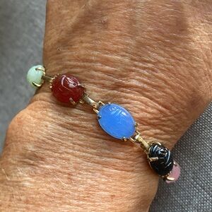 Vintage Scarab Bracelet Multicolor Carved Glass Egyptian Revival Gold Tone